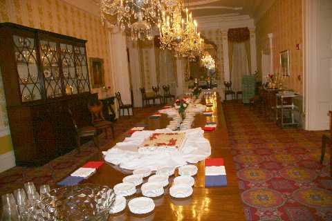 The State Dining room at the Mansion with Mr. Lincoln's birthday cake and other goodies.